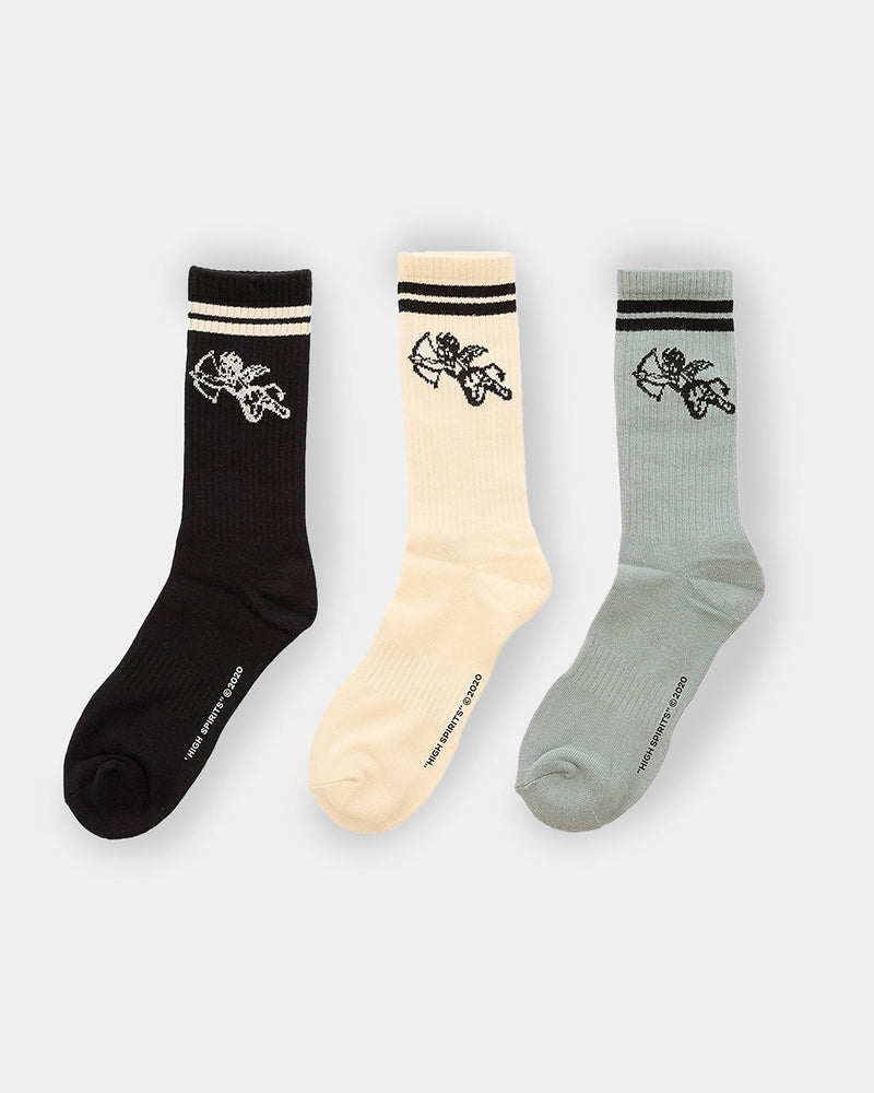 Three-pack crew socks in black, cream and sage with retro stripes and cupid graphic by Good Morning Tapes.