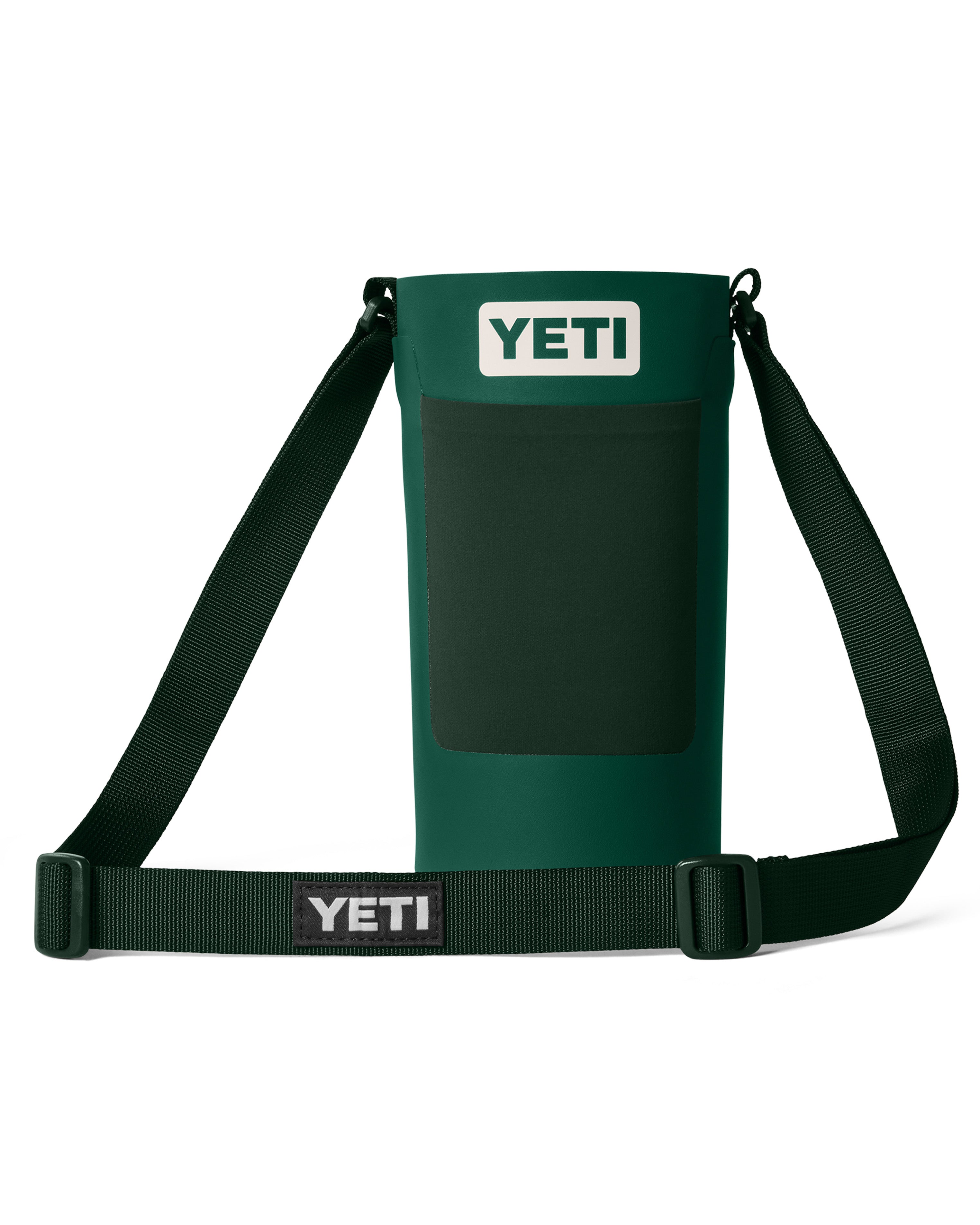 Green YETI bottle sling with front pocket and adjustable shoulder strap for easy hands-free carry