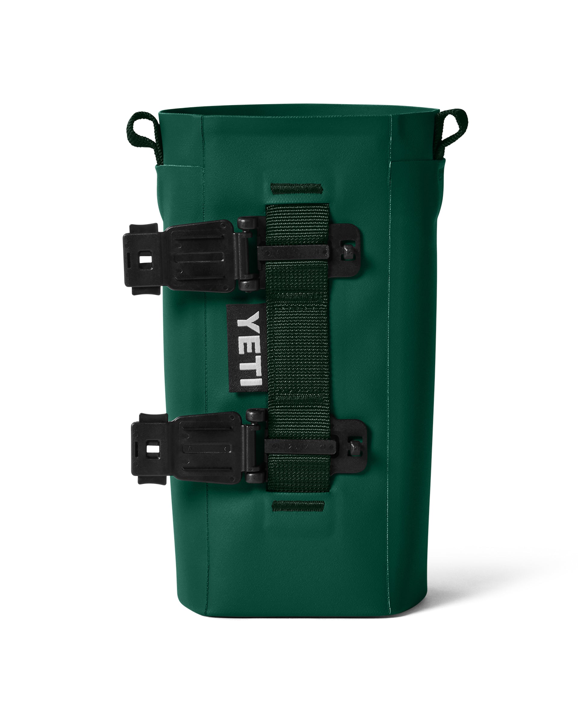 Side view of green YETI sidekick with open dual latches and webbing loop for secure mounting