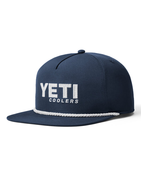 Navy YETI Coolers snapback cap with white embroidered logo on the front and a white rope detail above the brim.