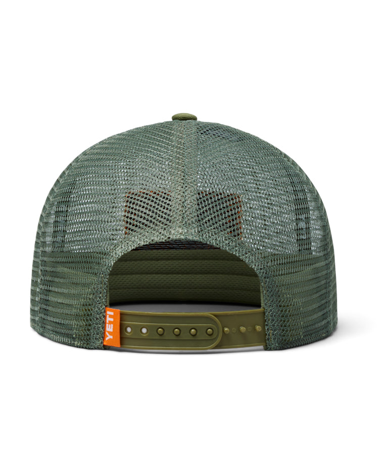 Back view of an olive green YETI cap with breathable mesh panels and an adjustable snapback closure featuring an orange label.