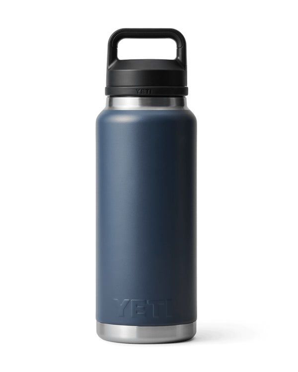 Back view of a navy blue Yeti water bottle featuring a sleek stainless steel design, durable carry handle, and insulated body.