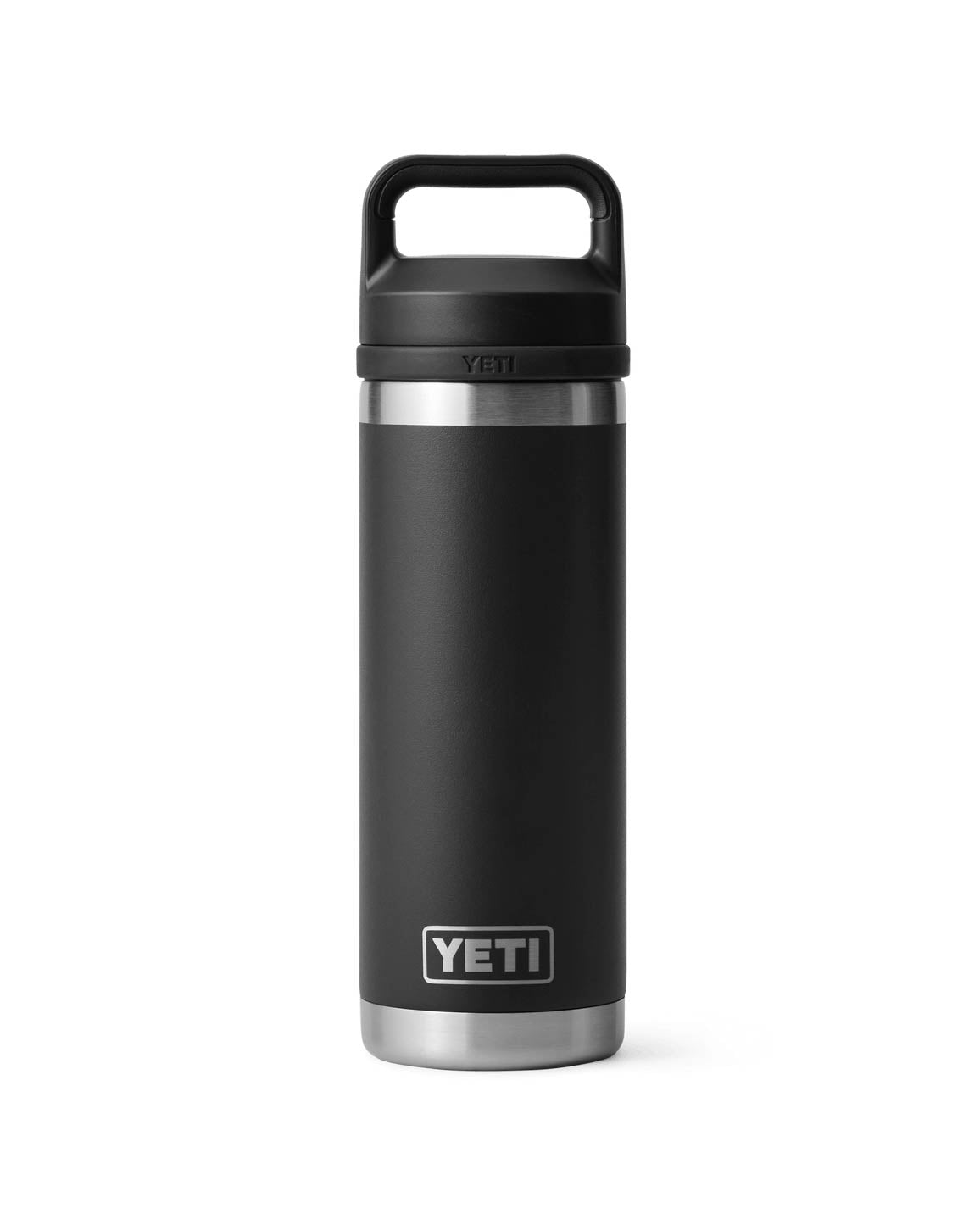 Black Yeti water bottle with a durable stainless steel design, double-wall insulation, and a sturdy carry handle on the lid.