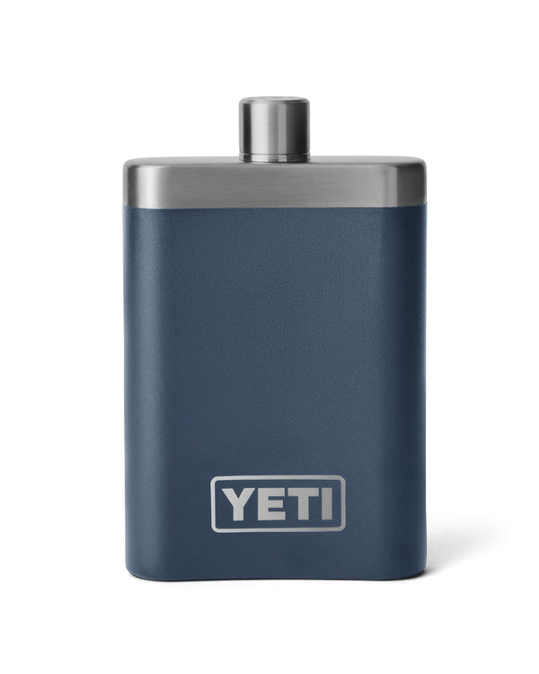 YETI navy blue stainless steel flask with a matte finish, featuring a screw-on cap and a sleek, durable design.