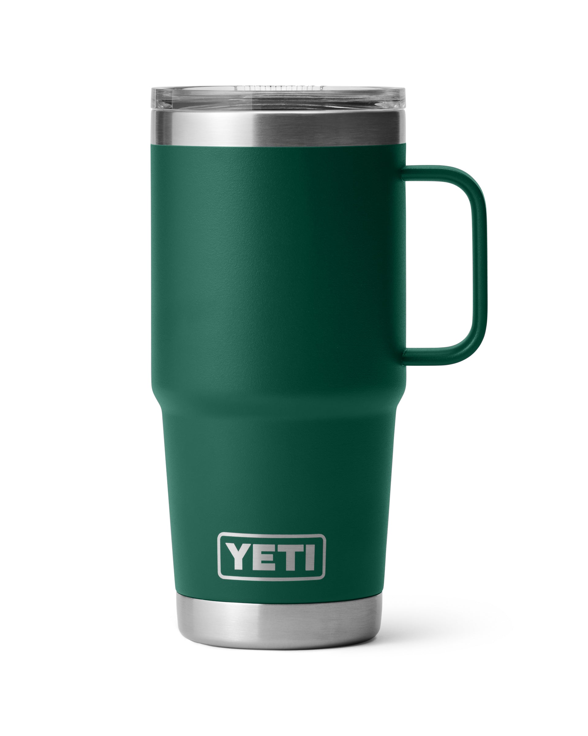 Dark green YETI travel mug with handle and clear lid, ideal for hot drinks on the move