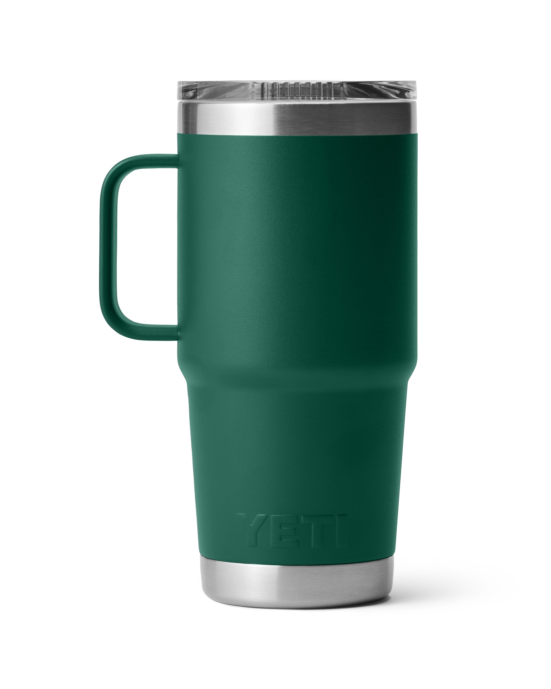 Green YETI travel mug with handle and stainless steel base, built for durability and daily use