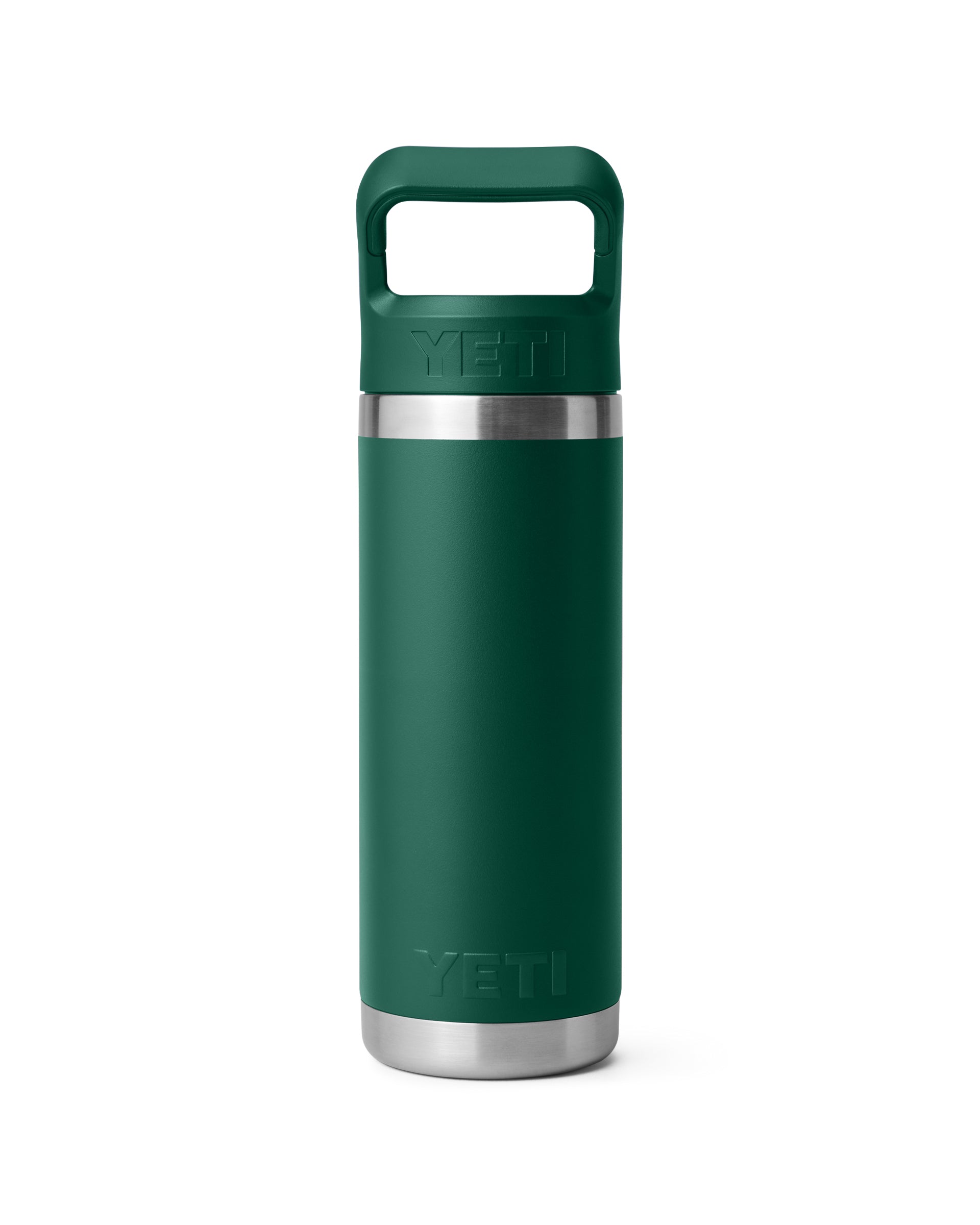 YETI green stainless steel bottle with engraved logo and twist lid