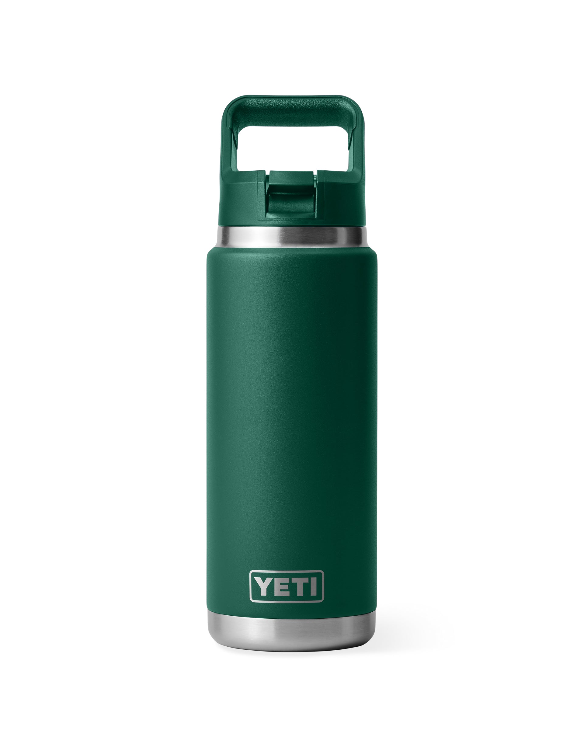 Dark green YETI drink bottle with black chug cap and stainless steel base, ideal for all-day hydration