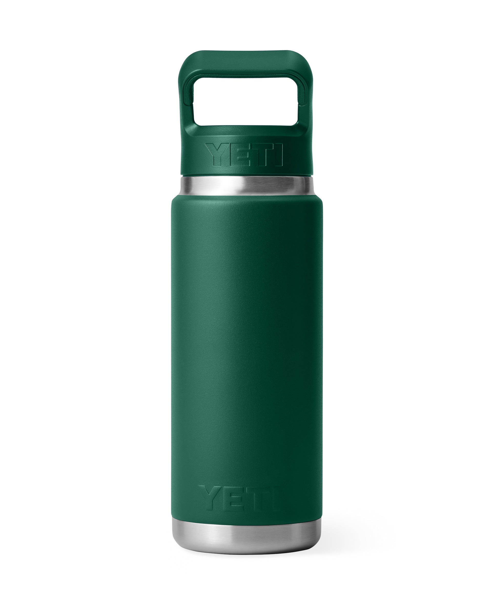 Dark green YETI bottle with embossed logo and chug cap, durable and perfect for daily use