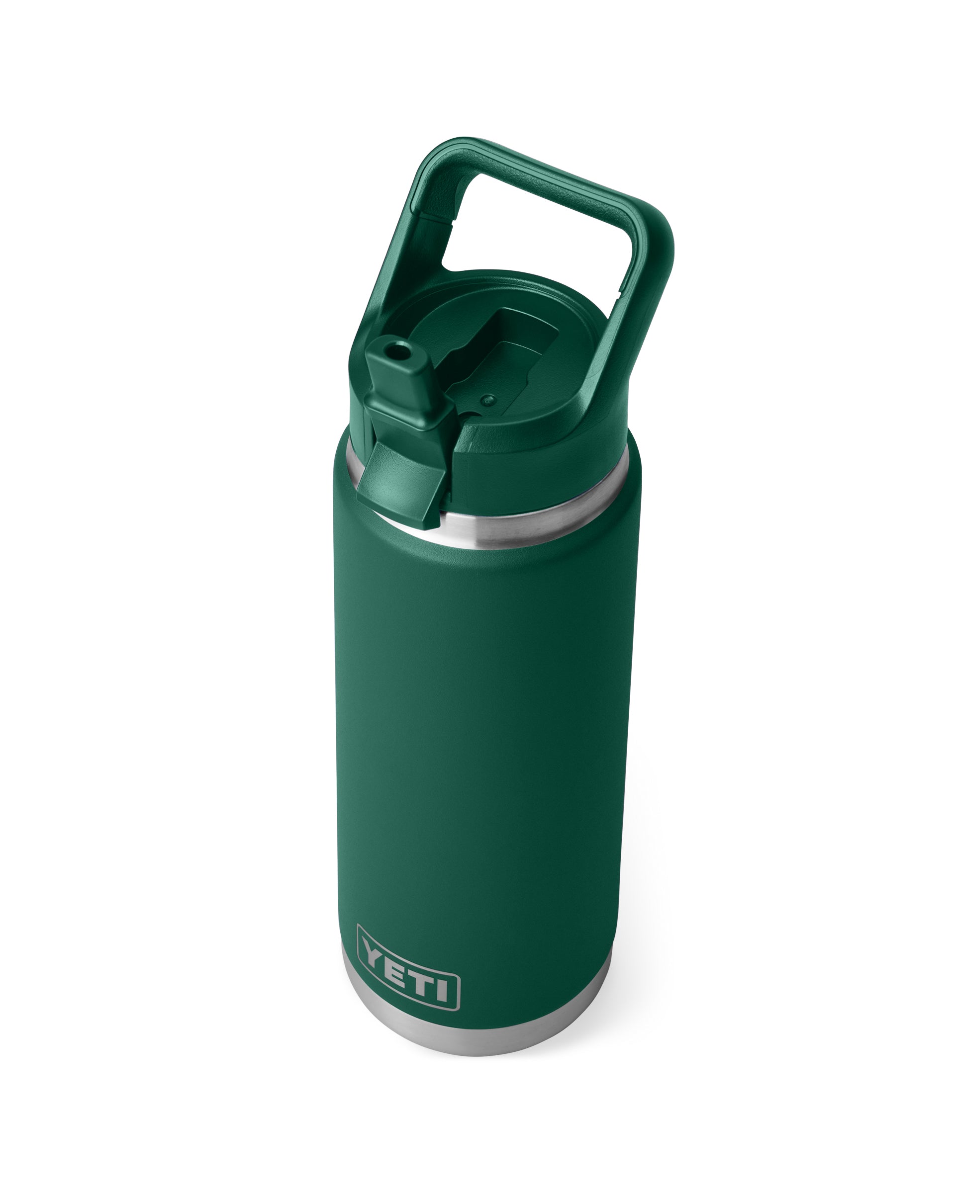 Dark green YETI bottle with flip straw lid and carry handle, designed for easy drinking on the go