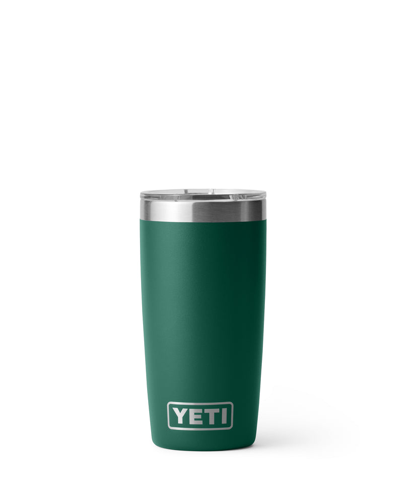 Dark green YETI tumbler with stainless steel lid, perfect for keeping drinks hot or cold on the go.
