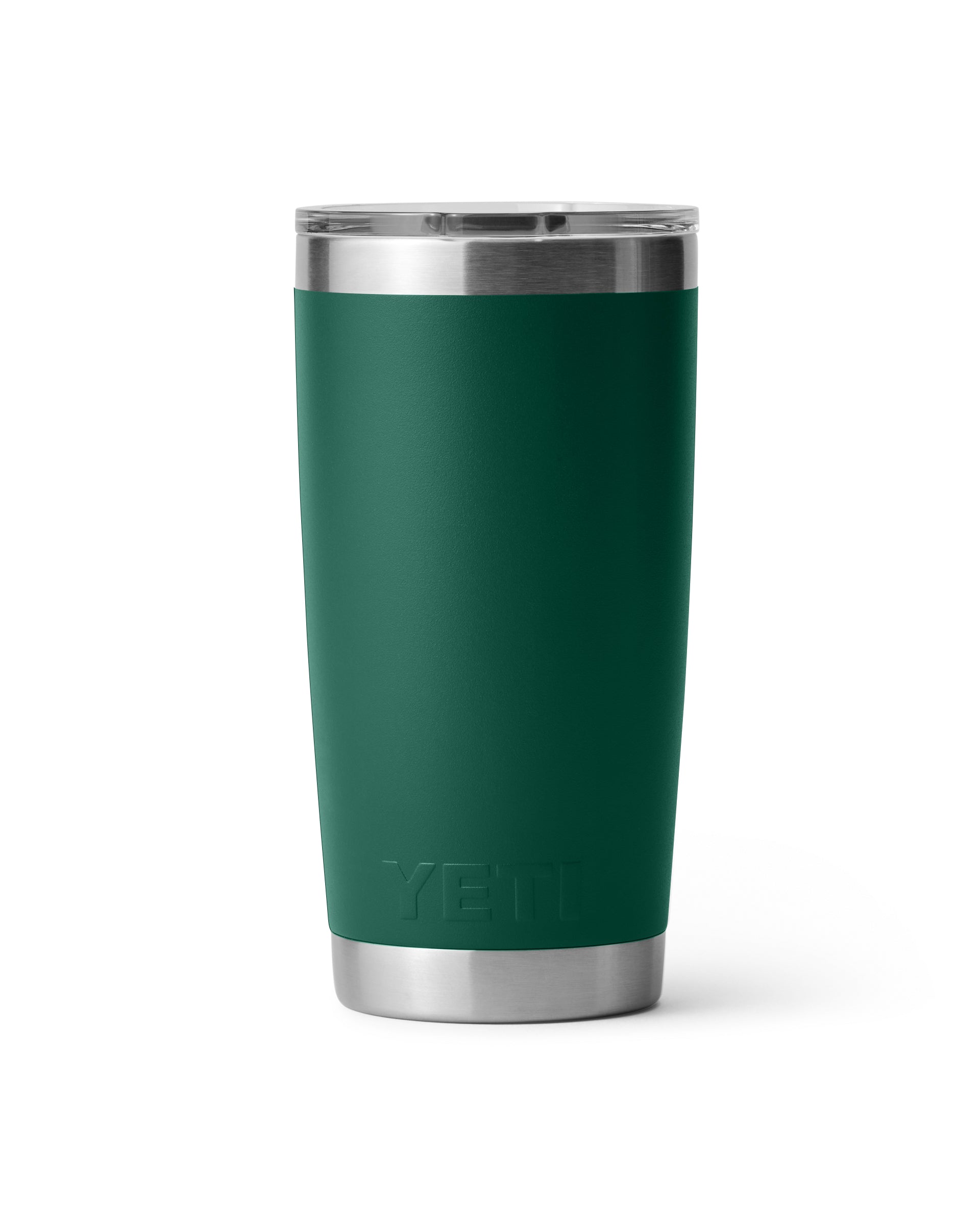 YETI green tumbler with clear lid and embossed logo at base