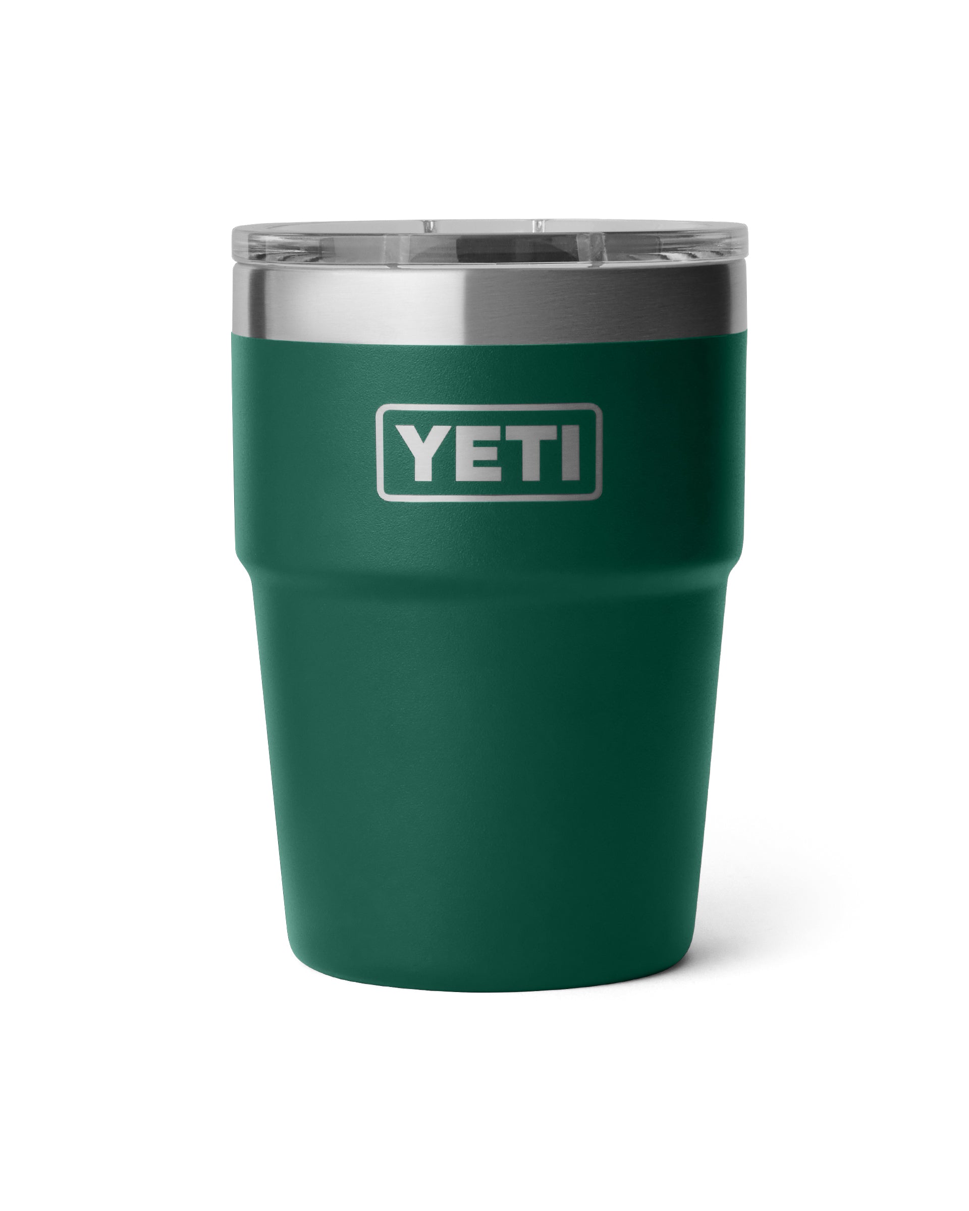 Yeti Rambler tumbler with clear lid and green powder-coated finish, logo printed
