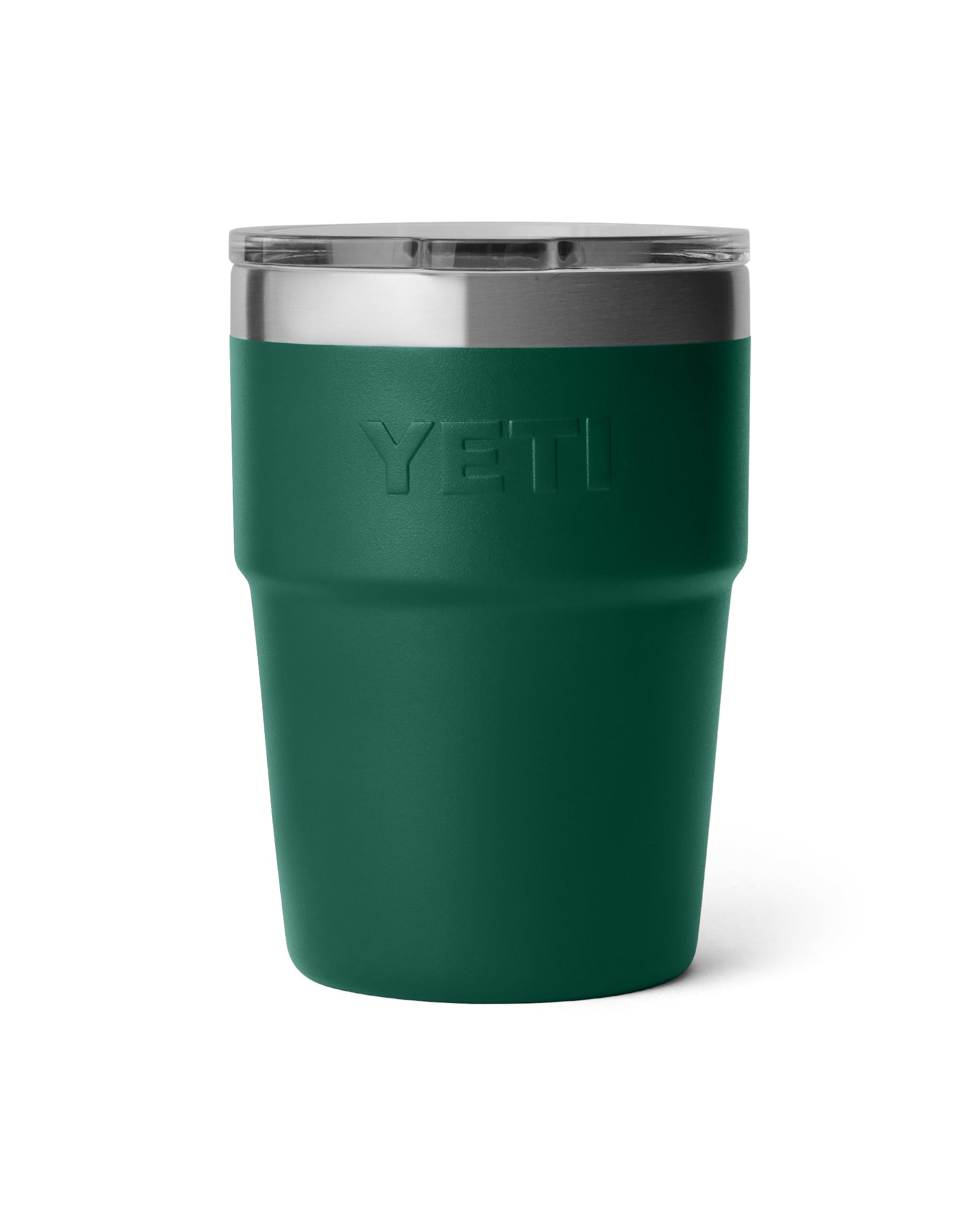 Yeti Rambler tumbler with green powder coat and embossed logo on front