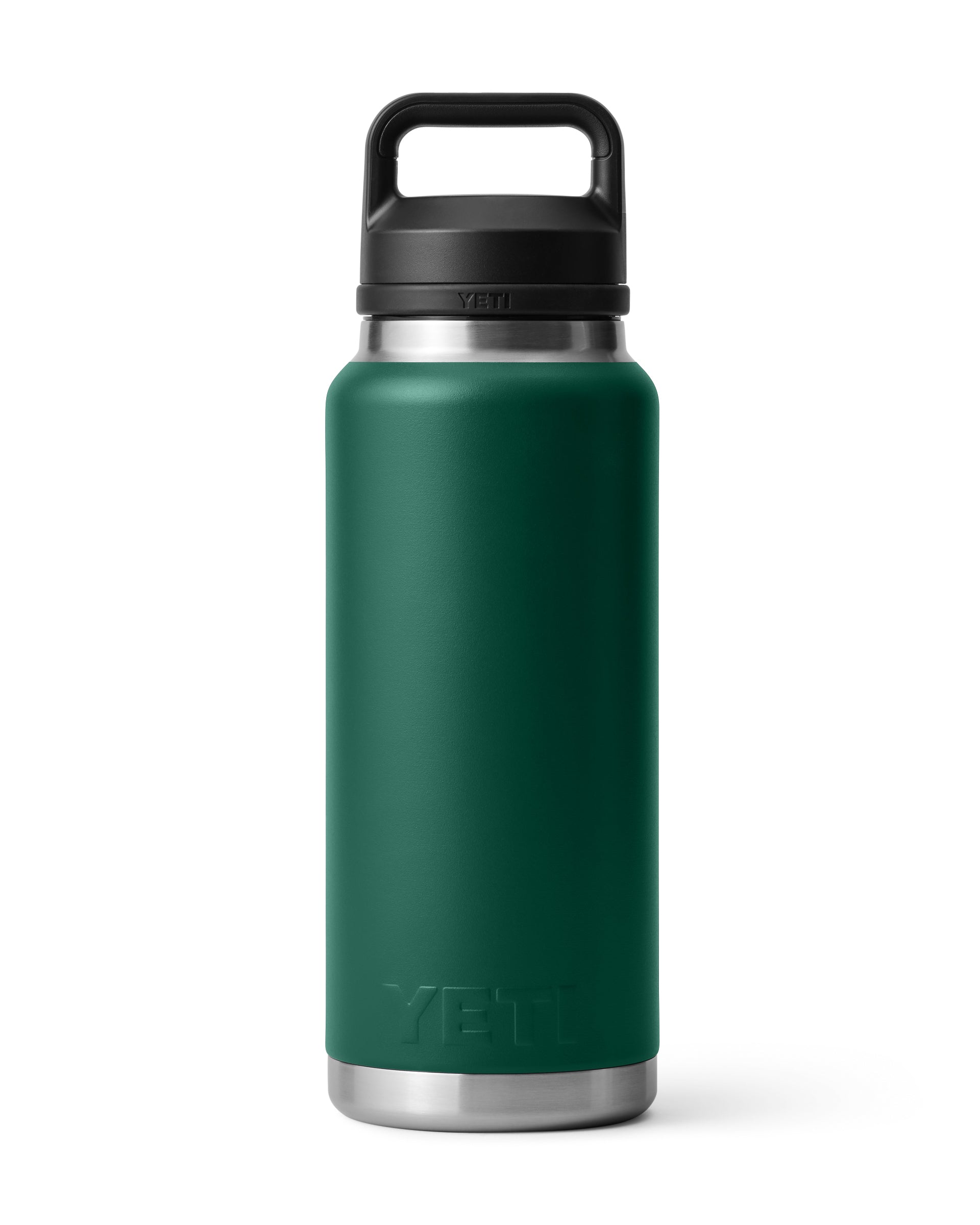 Dark green YETI bottle with embossed logo and chug cap, durable and perfect for daily use