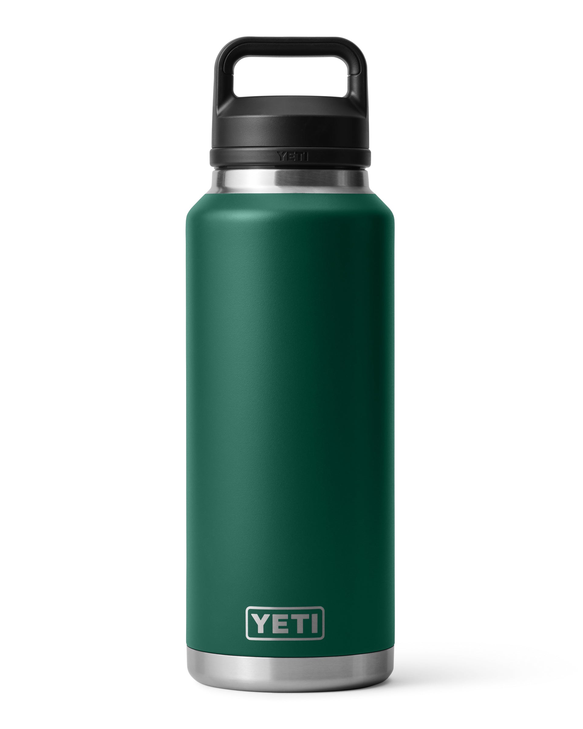 Tall dark green YETI drink bottle with stainless steel base and black chug cap for easy carry