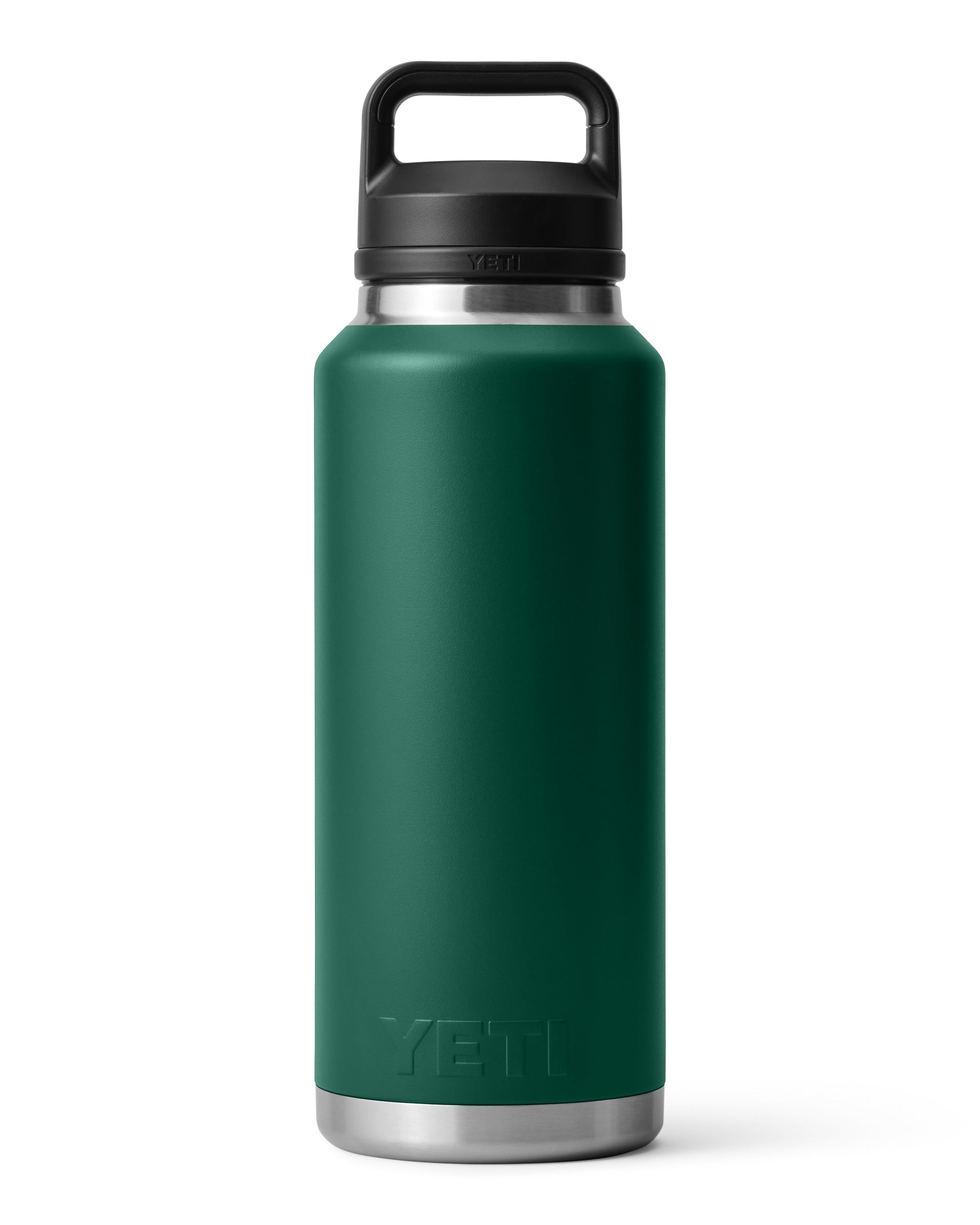 Green YETI bottle with embossed logo and handle cap, perfect for staying hydrated on the go