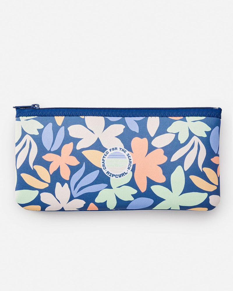 Blue Rip Curl pencil case featuring a colorful floral pattern, zipper closure, and a circular logo design on the front.