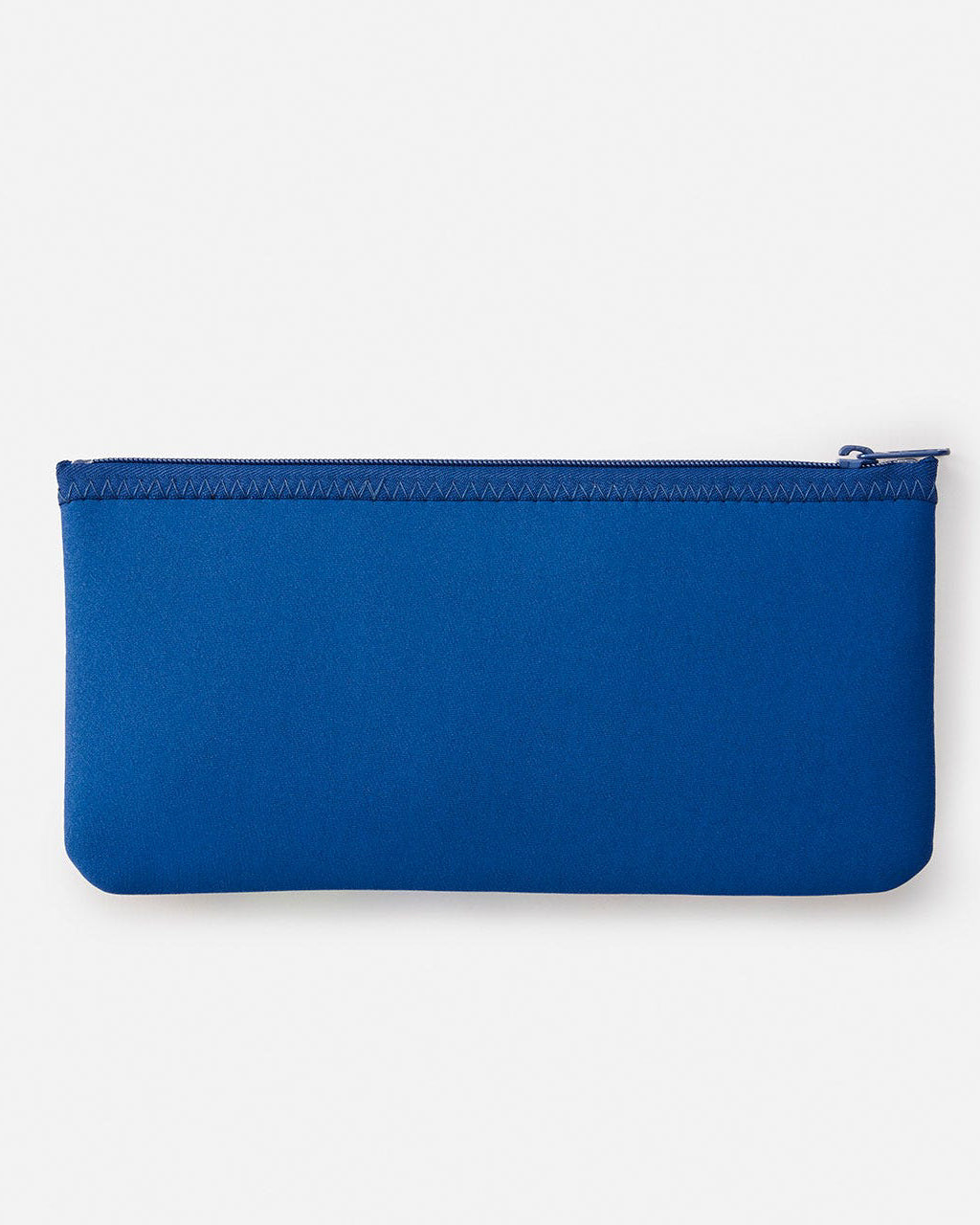 Back view of a blue Rip Curl pencil case with a smooth solid design and a zipper closure at the top.